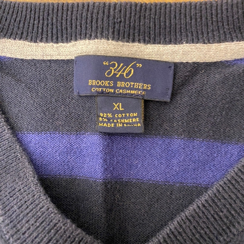 Brooks Brothers Sweater Mens XL Blue Striped V Neck Cotton Cashmere Pullover - Picture 4 of 7